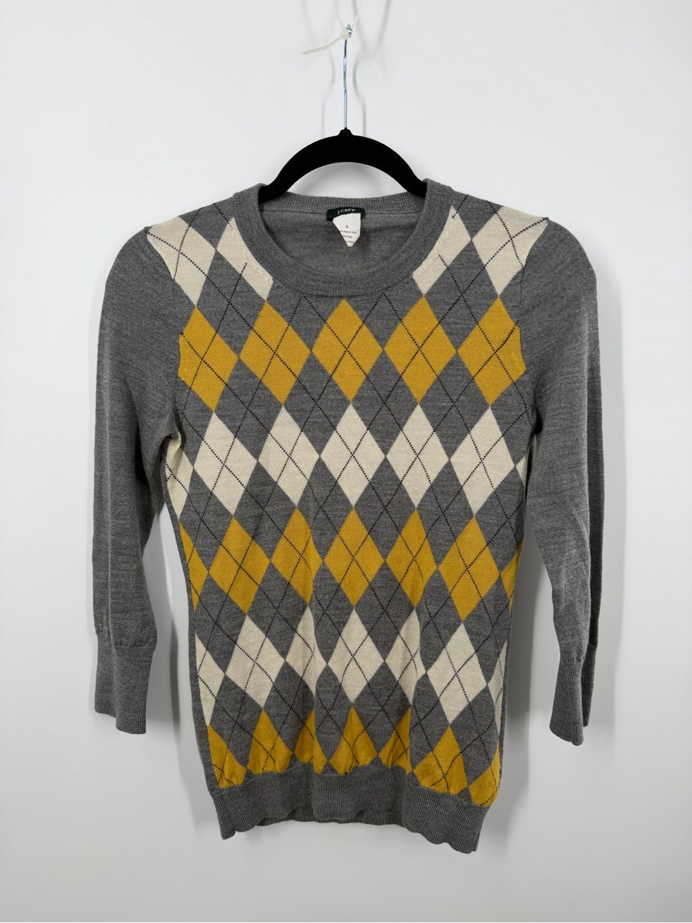 Y2K J. Crew White Yellow Gray 100% Merino Wool Argyle Sweater